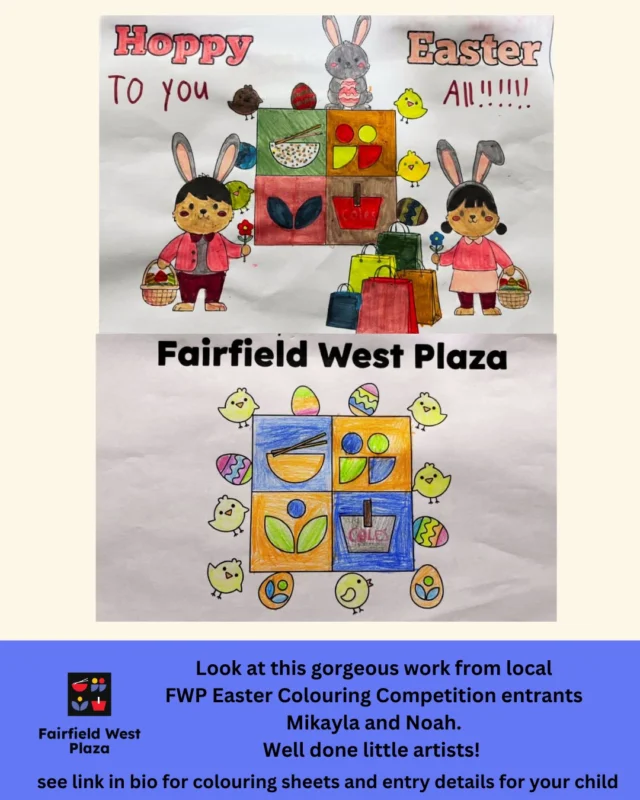 🎨 Local Talent Spotlight! 🐰
We are absolutely loving these entries from Mikayla and Noah for our Easter Colouring Competition. The colors are bright, and the festive spirit is high! 🐣
We have such a creative community here in Western Sydney. Keep those entries coming, we love seeing your masterpieces!
✨ How to enter:
1. Download a colouring sheet from our website (Link in Bio) 
2. Get creative!
3. DM us a photo of the finished masterpiece for your chance to win!.
#EasterAtThePlaza #CommunityCreativity #WesternSydneyMums #EasterColouring #LocalArtists #FamilyFun